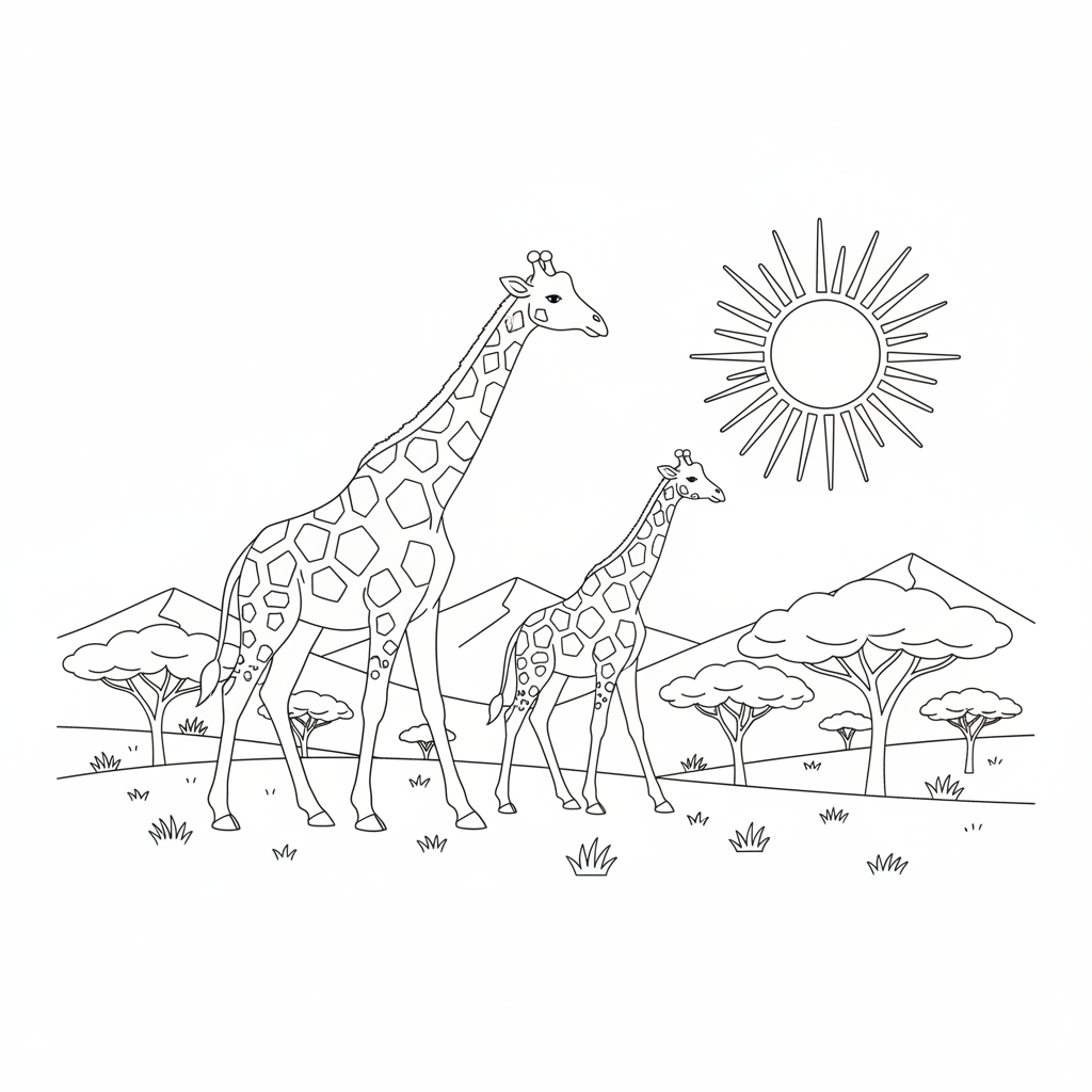 Giraffe family walking together across the golden savanna - Free Printable Coloring Page