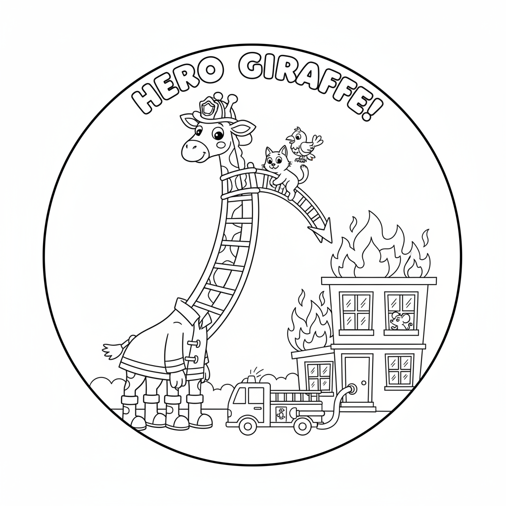 Giraffe firefighter using long neck as ladder rescue - Free Printable Coloring Page