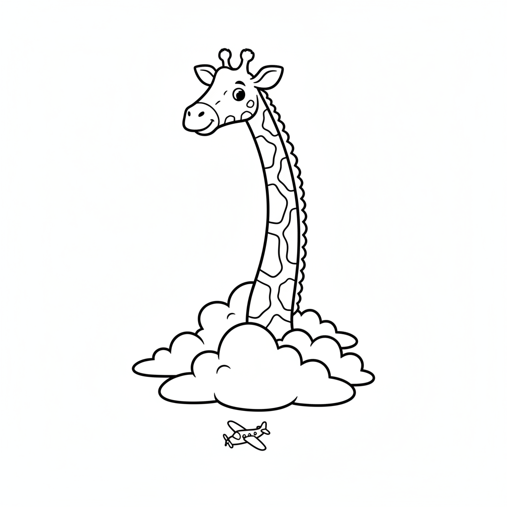 Giraffe head poking through clouds because so tall funny - Free Printable Coloring Page