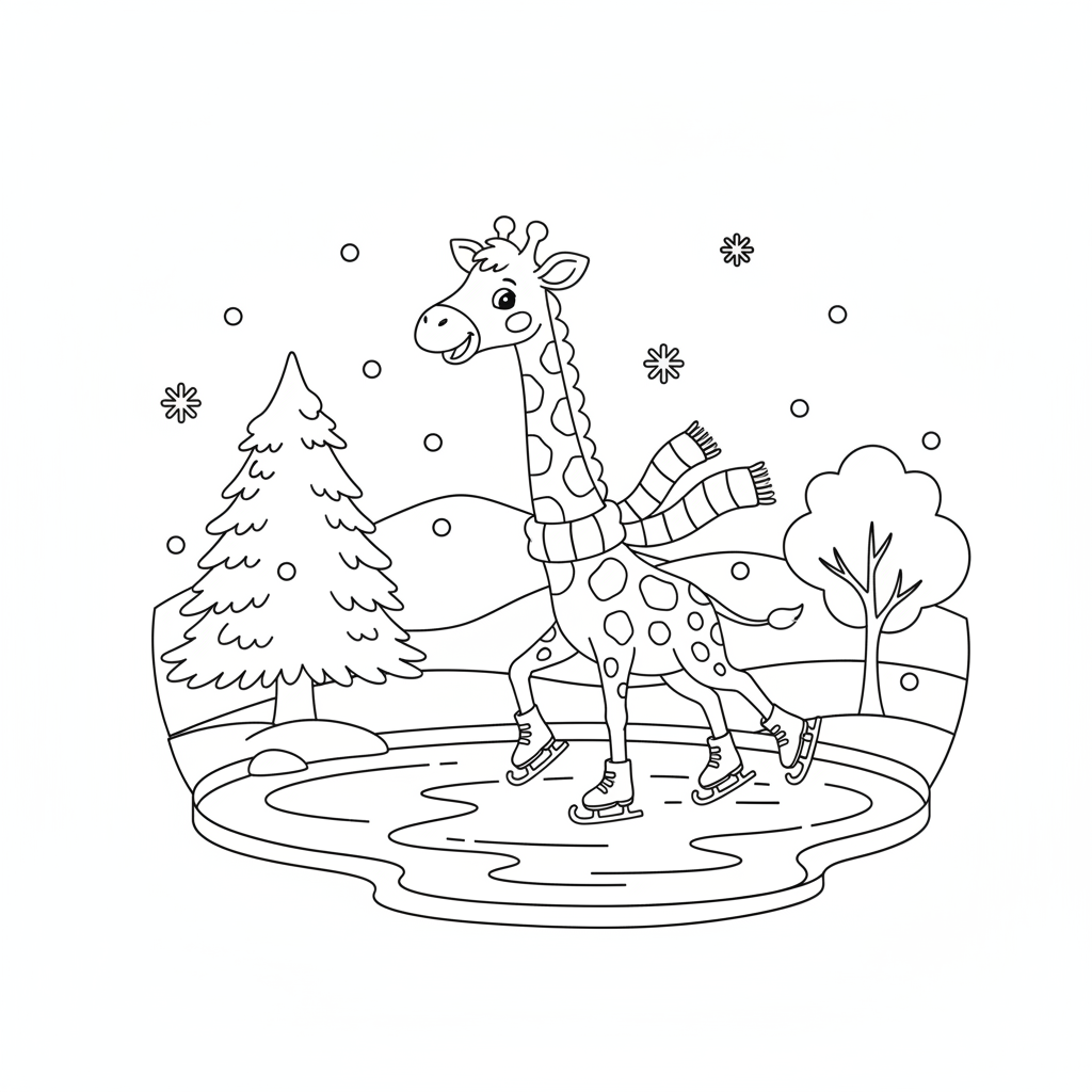 Giraffe ice skating on frozen pond in winter scene - Free Printable Coloring Page