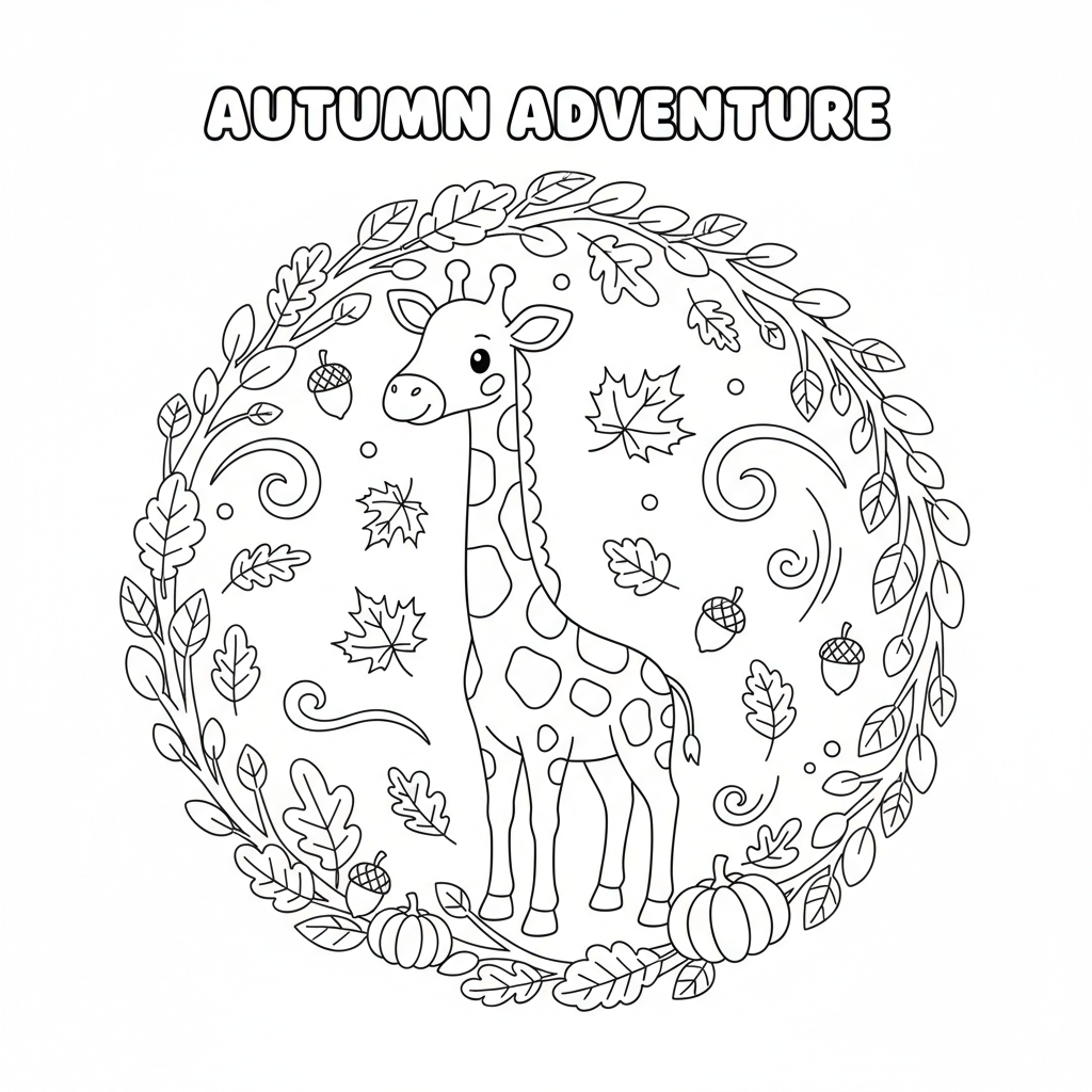 Giraffe in fall foliage autumn colors surrounding scene - Free Printable Coloring Page