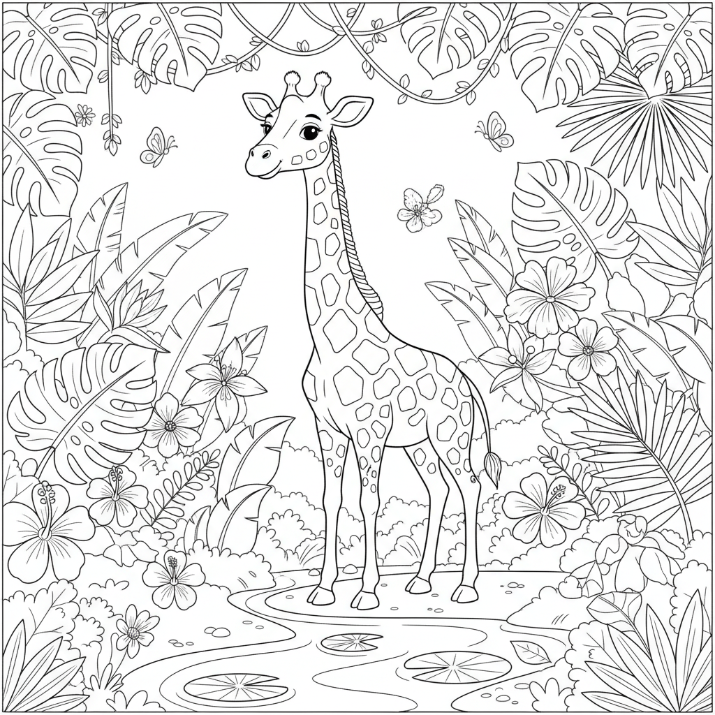 Giraffe im Regenwald, umgeben von exotischen tropischen Pflanzen - Kostenloses druckbares Ausmalbild