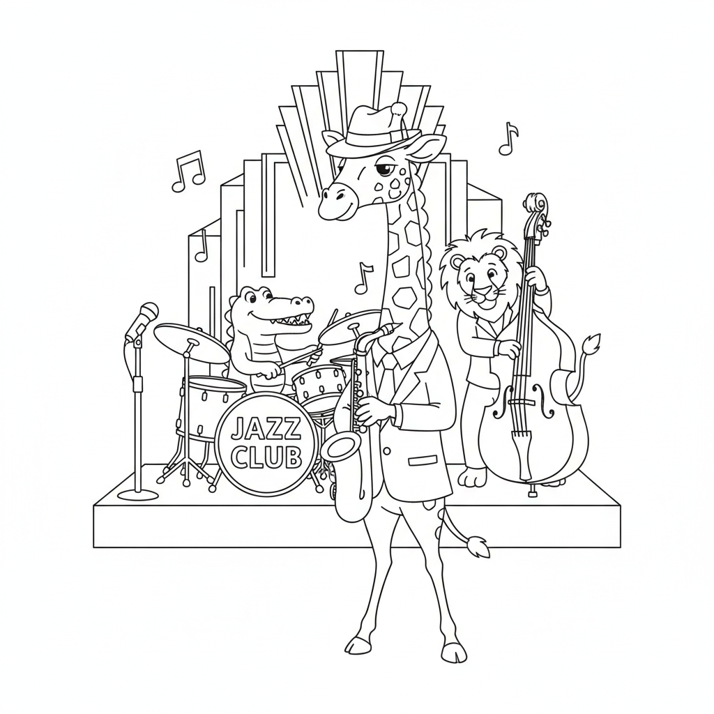 Giraffe musician playing saxophone in jazz band cool - Free Printable Coloring Page