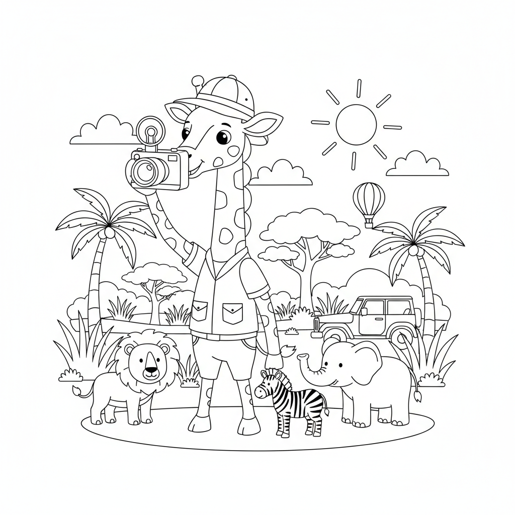 Giraffe photographer taking pictures on safari adventure - Free Printable Coloring Page