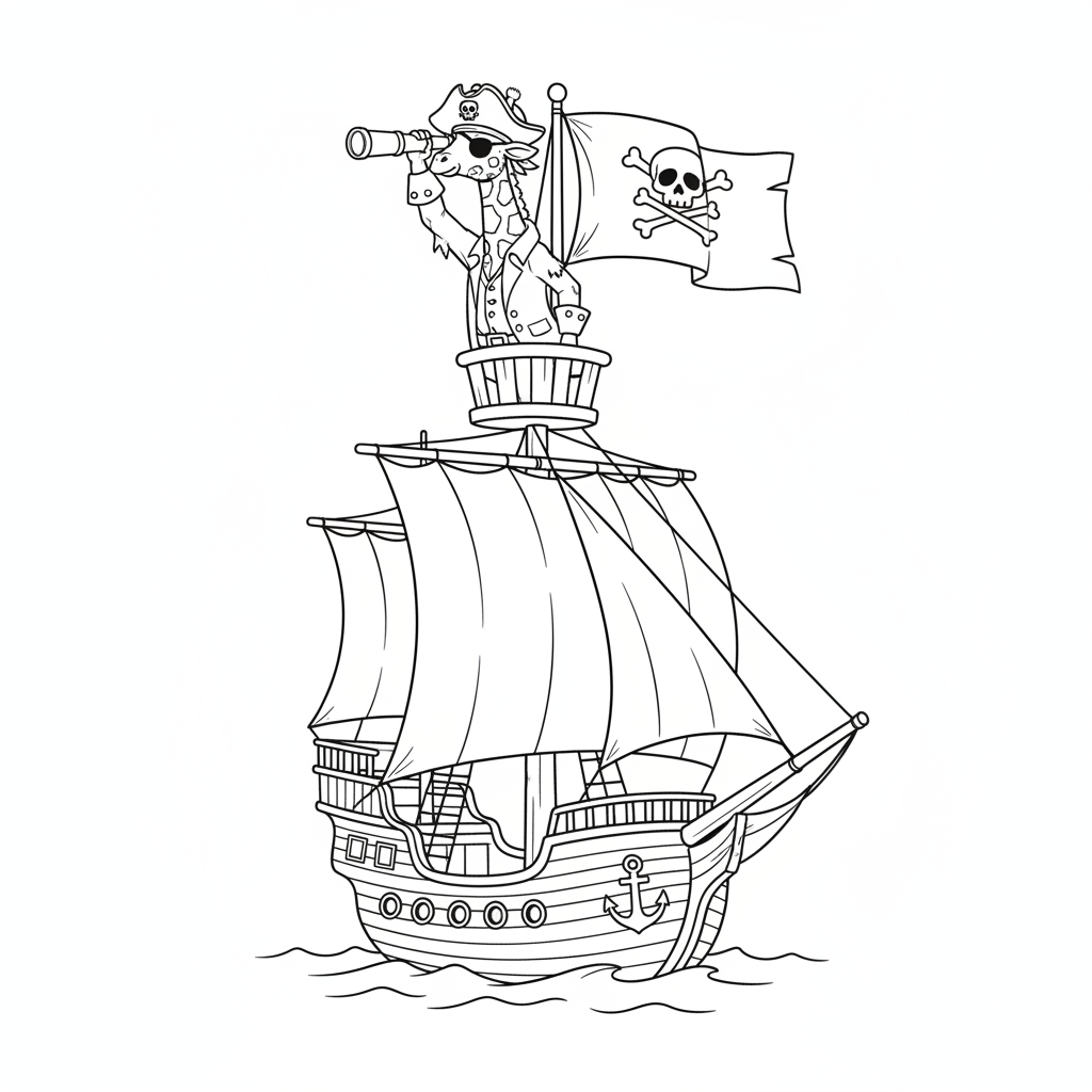 Giraffe pirate captain on tall ship lookout in crows nest - Free Printable Coloring Page