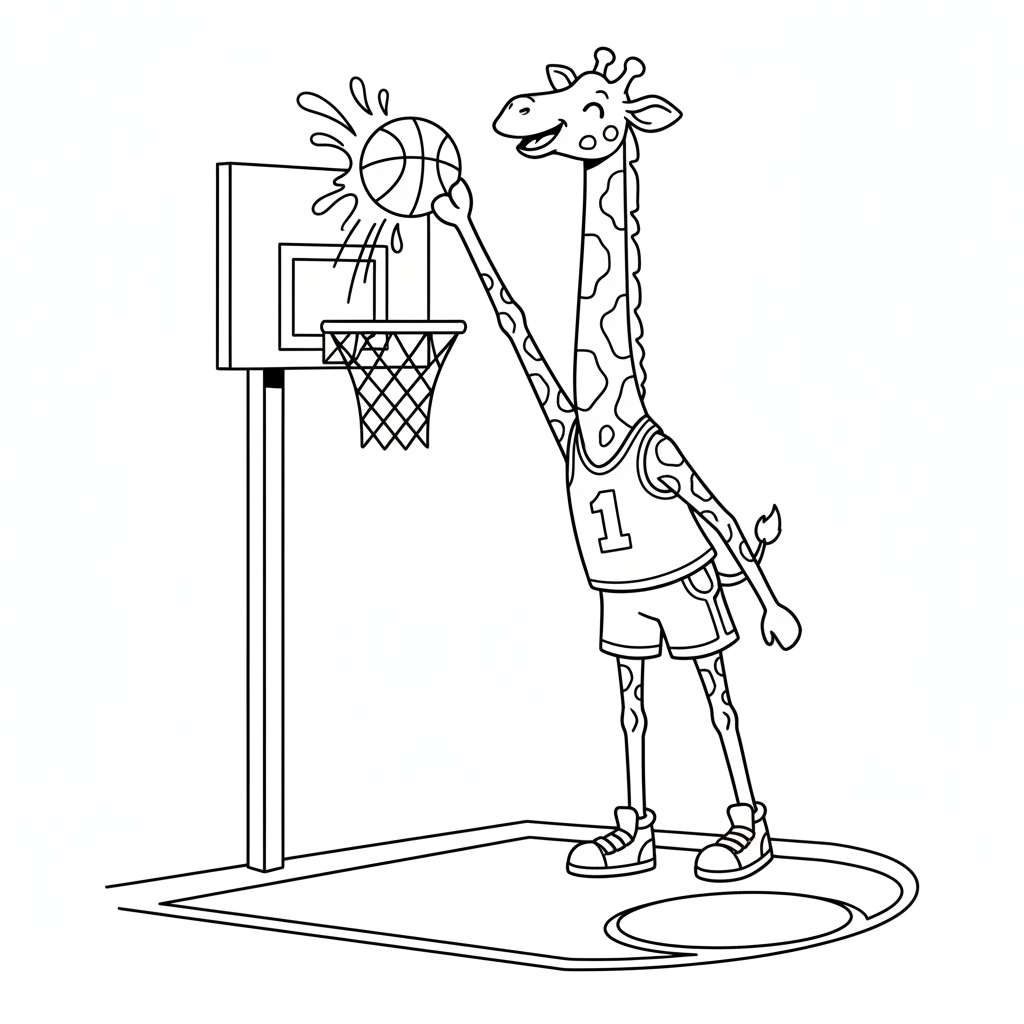Giraffe spielt Basketball und dunkt den Ball mühelos. - Kostenloses druckbares Ausmalbild