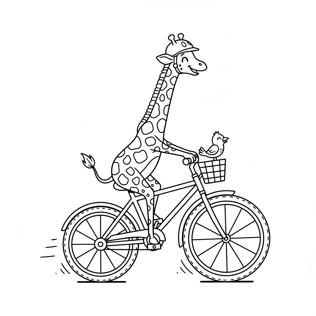 Giraffe fährt auf einem Fahrrad mit sehr hohem Rahmen (Sonderanfertigung) - Free Printable Coloring Page