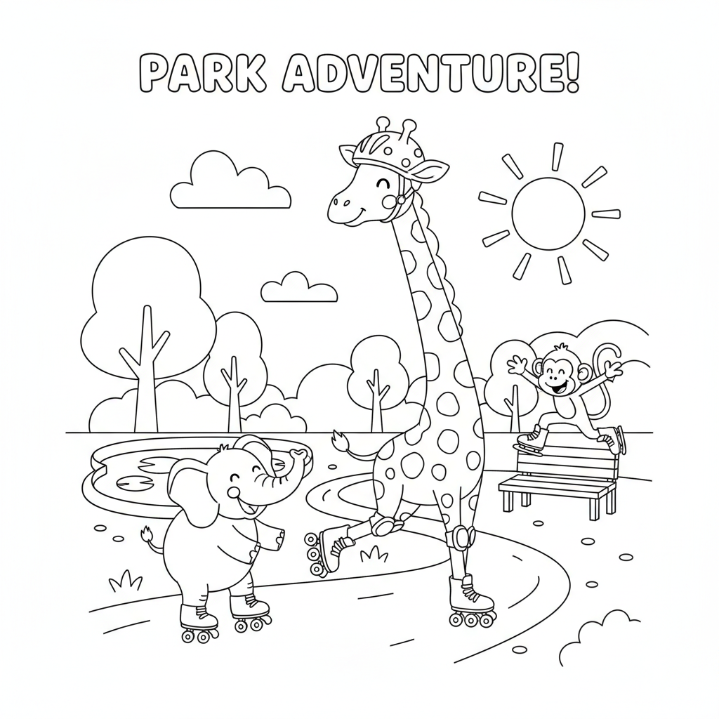 Giraffe roller skating through the park with friends - Free Printable Coloring Page