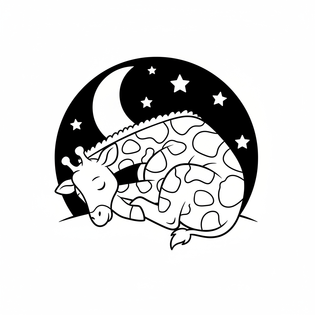 Giraffe sleeping curled up in a ball nighttime rest - Free Printable Coloring Page