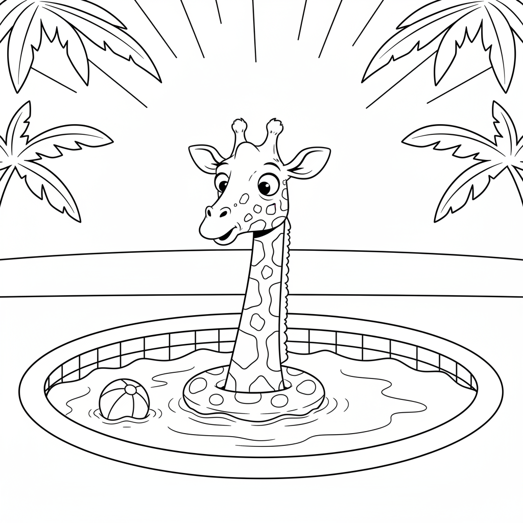 Giraffe swimming in pool just head sticking out funny - Free Printable Coloring Page
