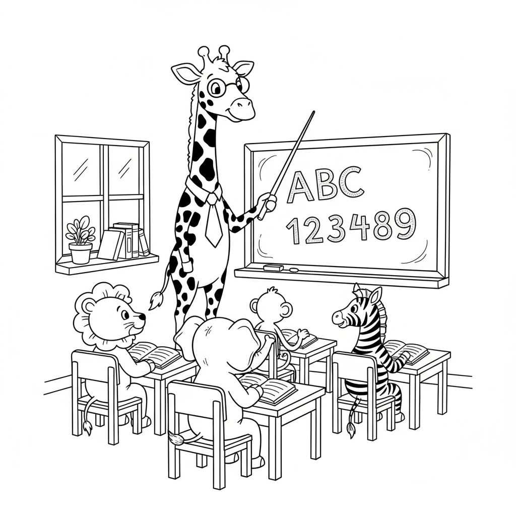 Giraffe teacher at classroom chalkboard with animal students - Free Printable Coloring Page