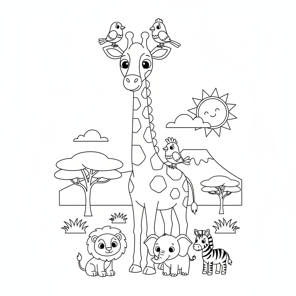 Giraffe with birds sitting on its back savanna friends - Free Printable Coloring Page