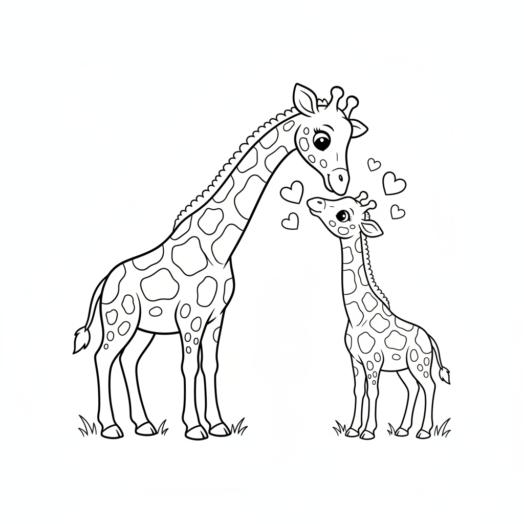 Mother and baby giraffe touching noses lovingly sweet - Free Printable Coloring Page