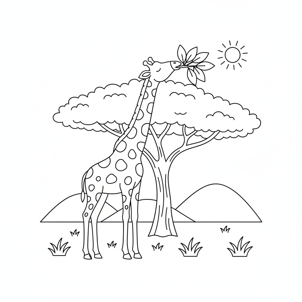 Tall giraffe eating leaves from top of acacia tree savanna - Free Printable Coloring Page