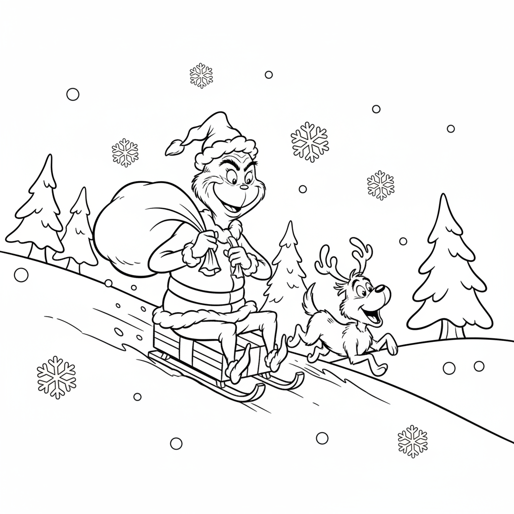 Grinchen och hans lojala hund Max i snön - Gratis utskrivbar målarbild