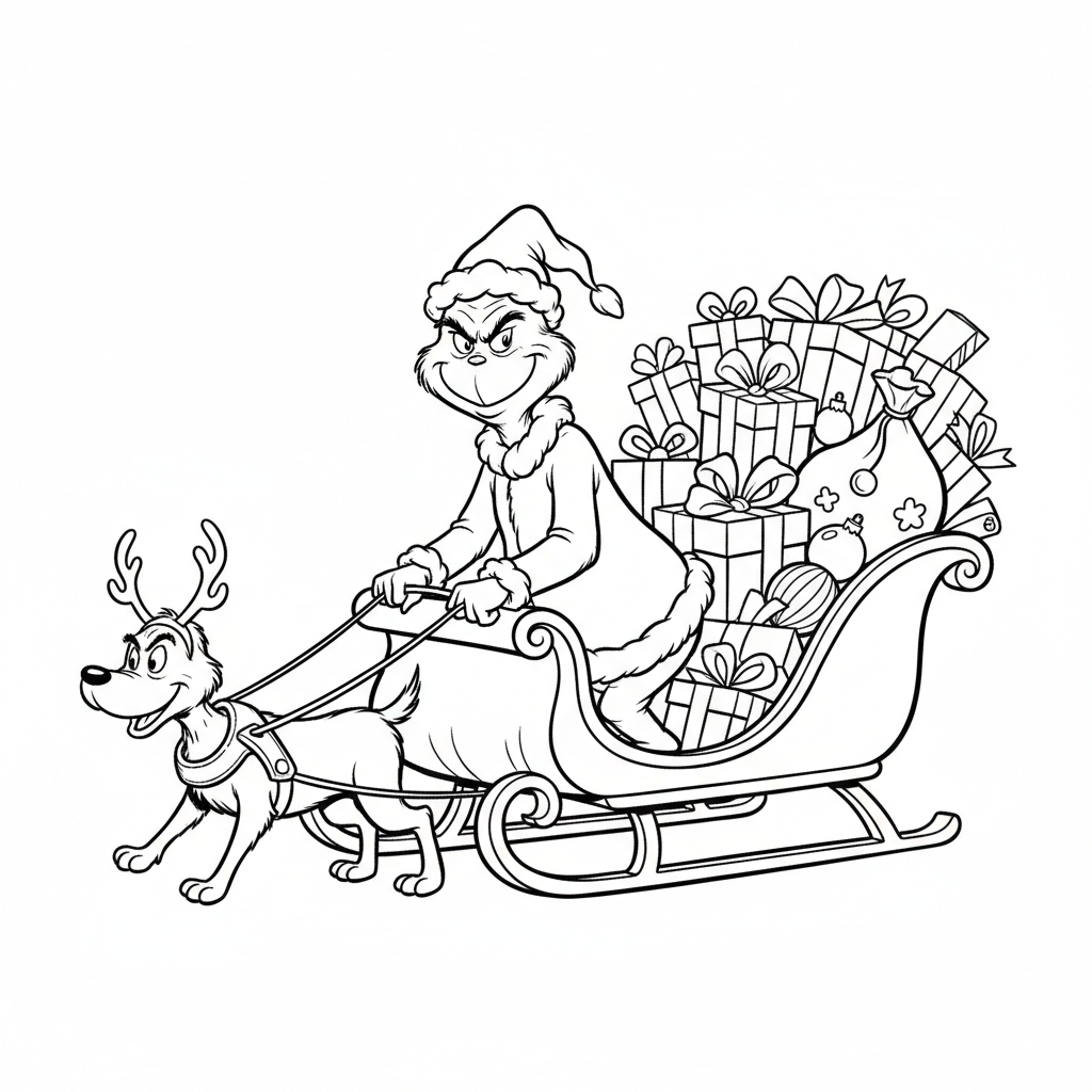 Grinchen och Max på släden lastad med stulna gåvor - Gratis utskrivbar målarbild