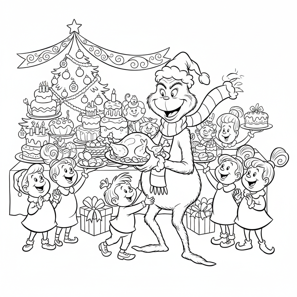 Grinchen välkomnas av Whos glada julfest - Free Printable Coloring Page Grinchen välkomnas av Whos glada julfest - Free Printable Coloring Page