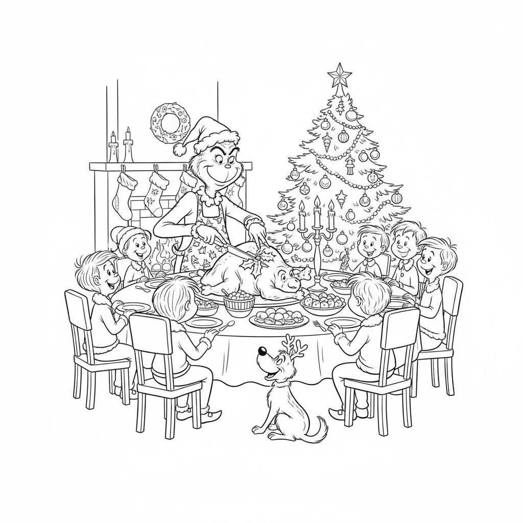 Grinchen snider stekt odjur vid julmiddagen omformad - Gratis utskrivbar målarbild