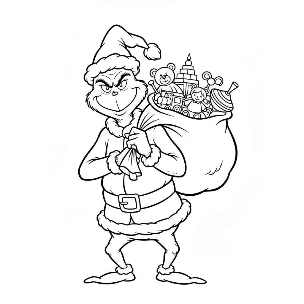 Grinchen utklädd till jultomten med en stor säck med leksaker - Gratis utskrivbar målarbild