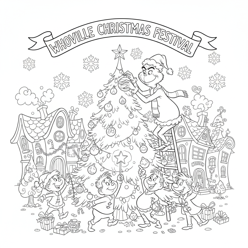 Grinch helping decorate Whoville for Christmas festival - Free Printable Coloring Page