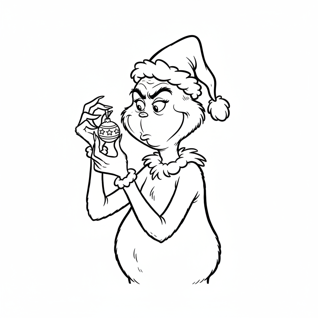 Grinchen håller i en liten prydnad som undersöker den med nyfikenhet - Free Printable Coloring Page Grinchen håller i en liten prydnad som undersöker den med nyfikenhet - Free Printable Coloring Page