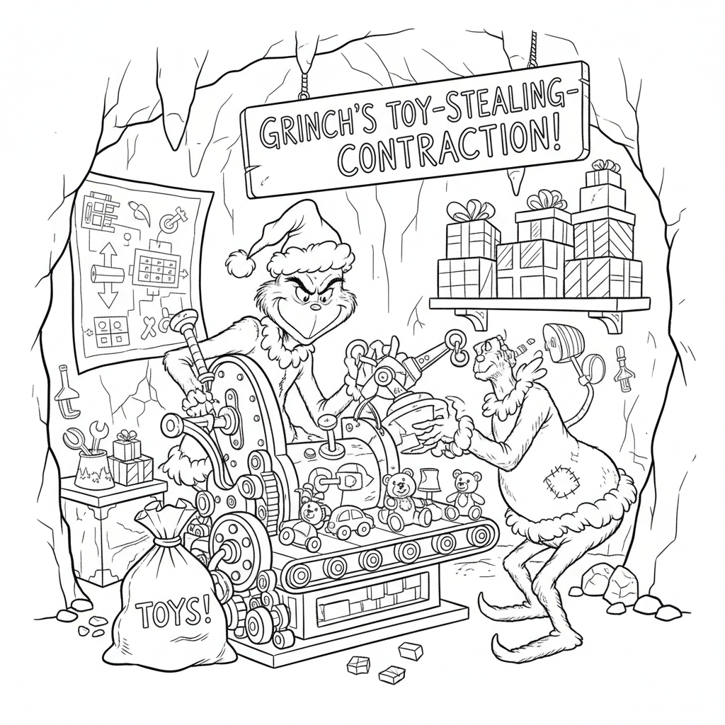 Grinchen i sin grottverkstad bygger en leksaksstöldmaskin - Gratis utskrivbar målarbild Grinchen i sin grottverkstad bygger en leksaksstöldmaskin - Gratis utskrivbar målarbild