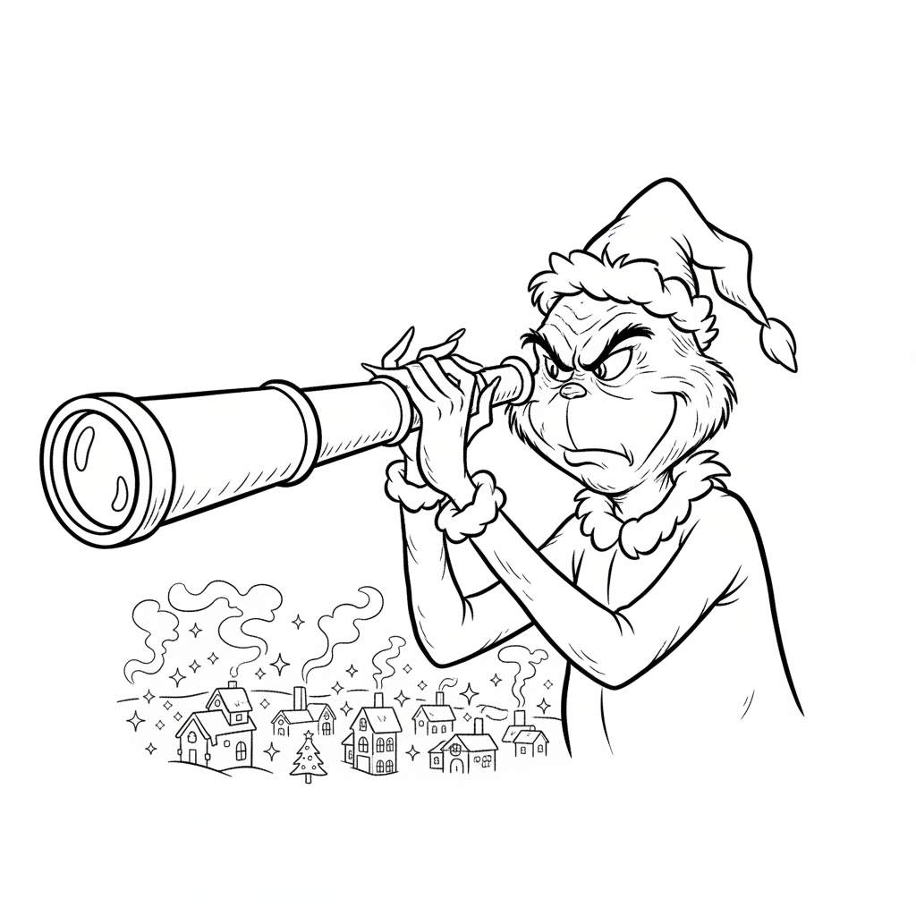 Grinchen tittar arg på Whoville-ljusen genom teleskopet - Gratis utskrivbar målarbild
