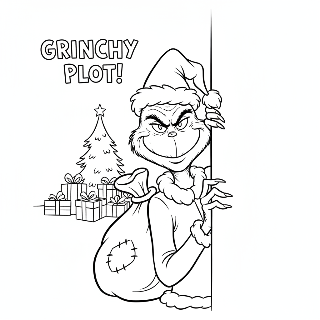 Grinchen kikar runt hörnet med ett lömskt uttryck och planerar - Gratis utskrivbar målarbild Grinchen kikar runt hörnet med ett lömskt uttryck och planerar - Gratis utskrivbar målarbild