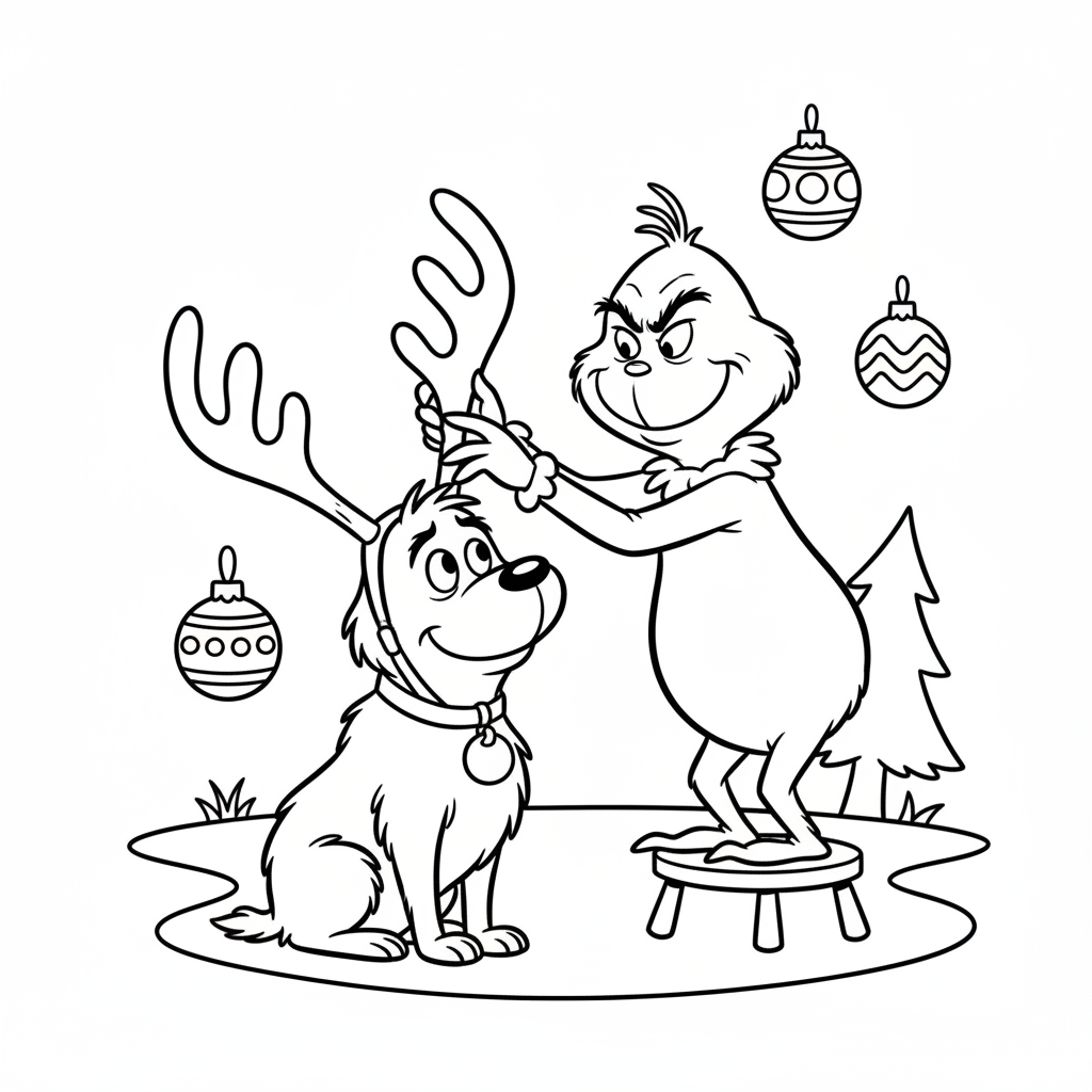 Grinchen sätter horn på Max lojala hundhjälpare - Gratis utskrivbar målarbild