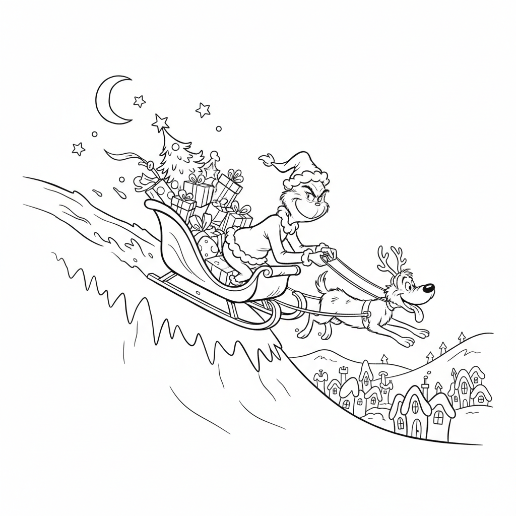 Grinchen åker släde nerför Mount Crumpit med Max - Gratis utskrivbar målarbild