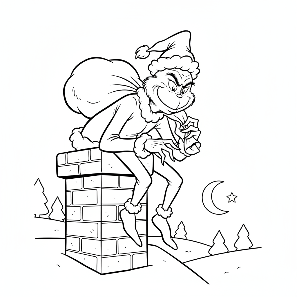 Grinchen glider nerför skorstenen på julafton - Gratis utskrivbar målarbild Grinchen glider nerför skorstenen på julafton - Gratis utskrivbar målarbild