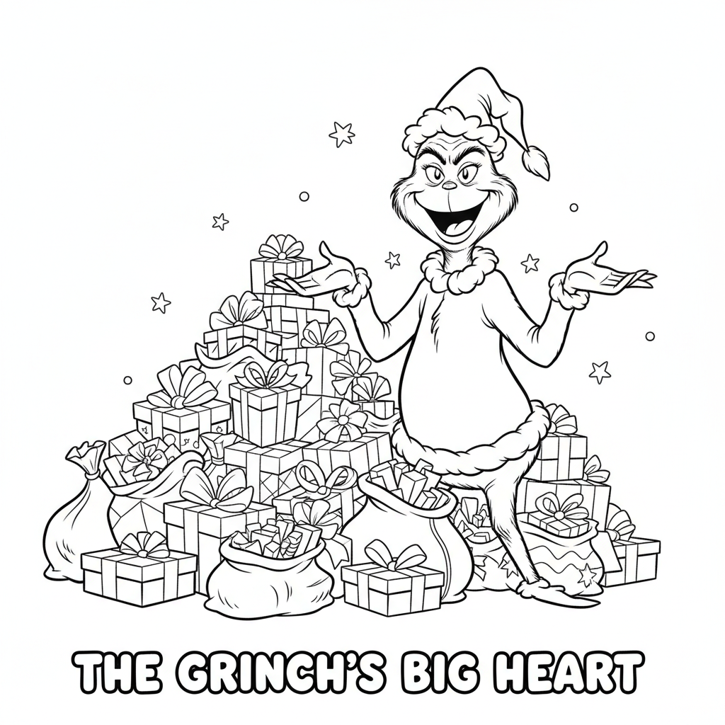 Grinchen ler genuint efter att ha lämnat tillbaka alla presenter - Gratis utskrivbar målarbild