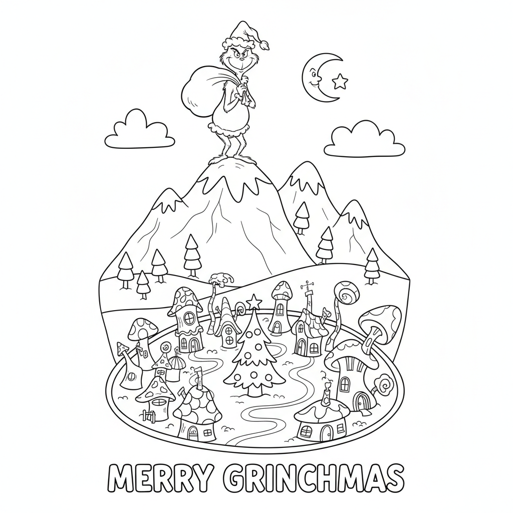 Grinchen står på snötäckt berg med utsikt över Whoville nedanför - Gratis utskrivbar målarbild