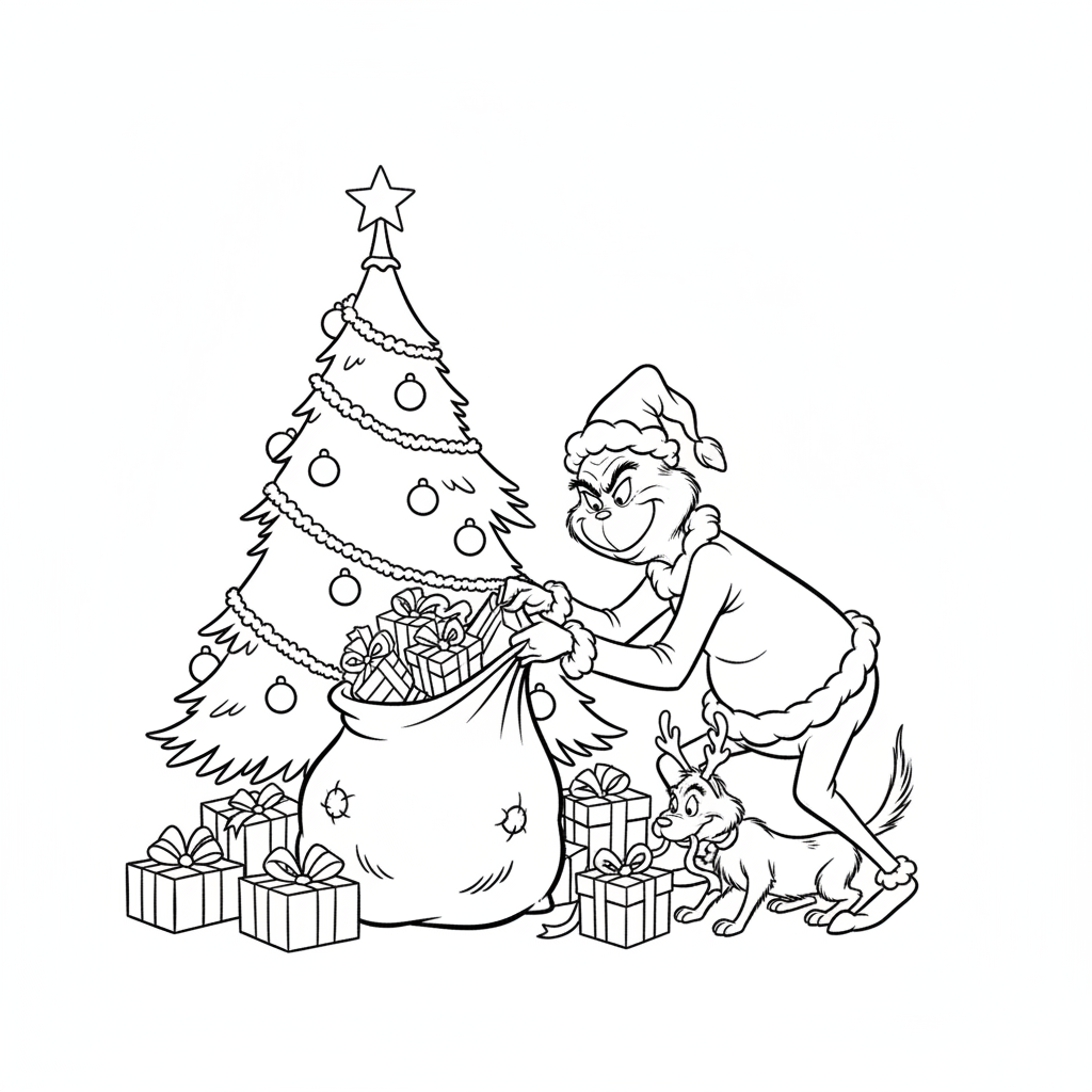 Grinchen stjäl julklappar under granen - Gratis utskrivbar målarbild