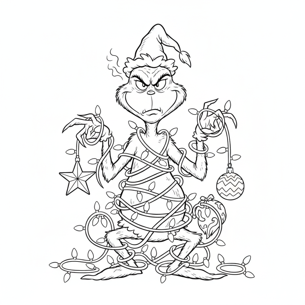 Grinchen trasslad i julbelysning frustrerad och grinig - Gratis utskrivbar målarbild