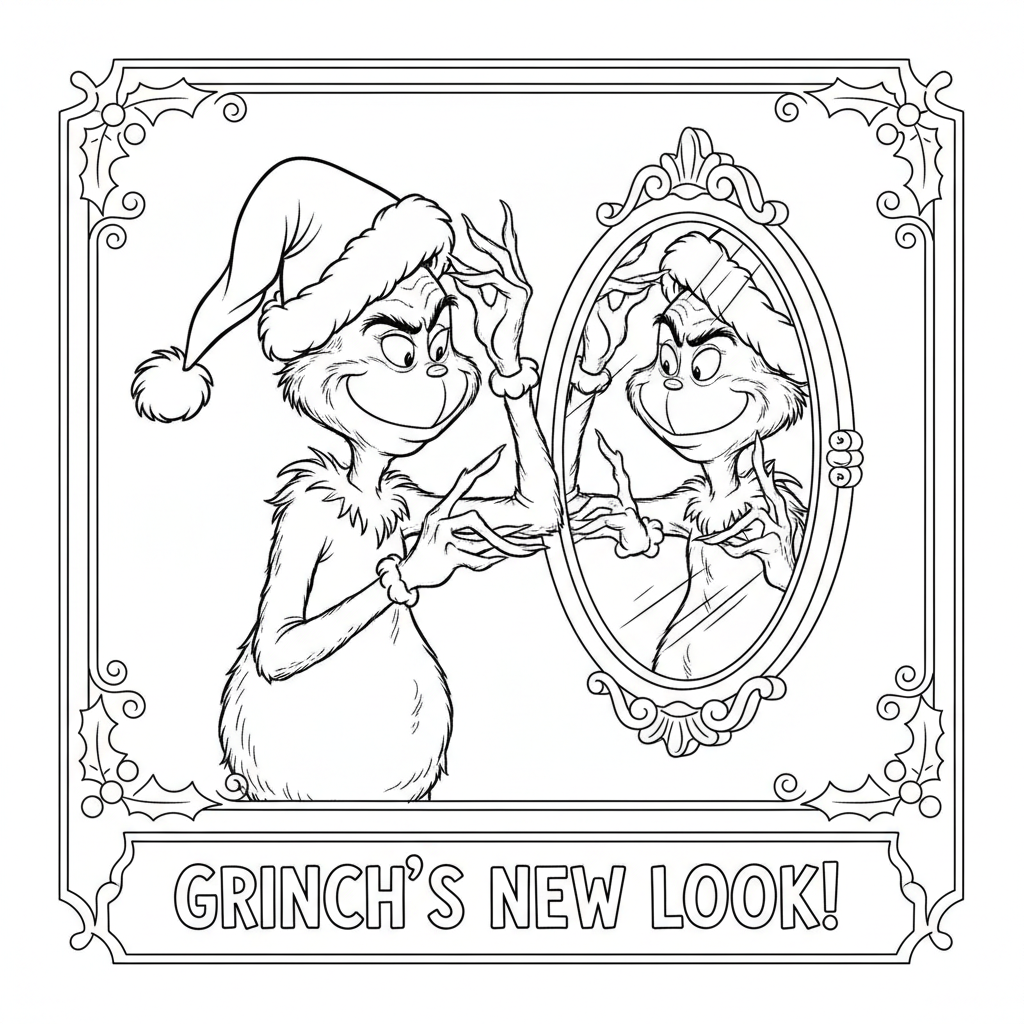 Grinchen provar en tomtehatt och tittar på sig själv i spegeln - Free Printable Coloring Page Grinchen provar en tomtehatt och tittar på sig själv i spegeln - Free Printable Coloring Page