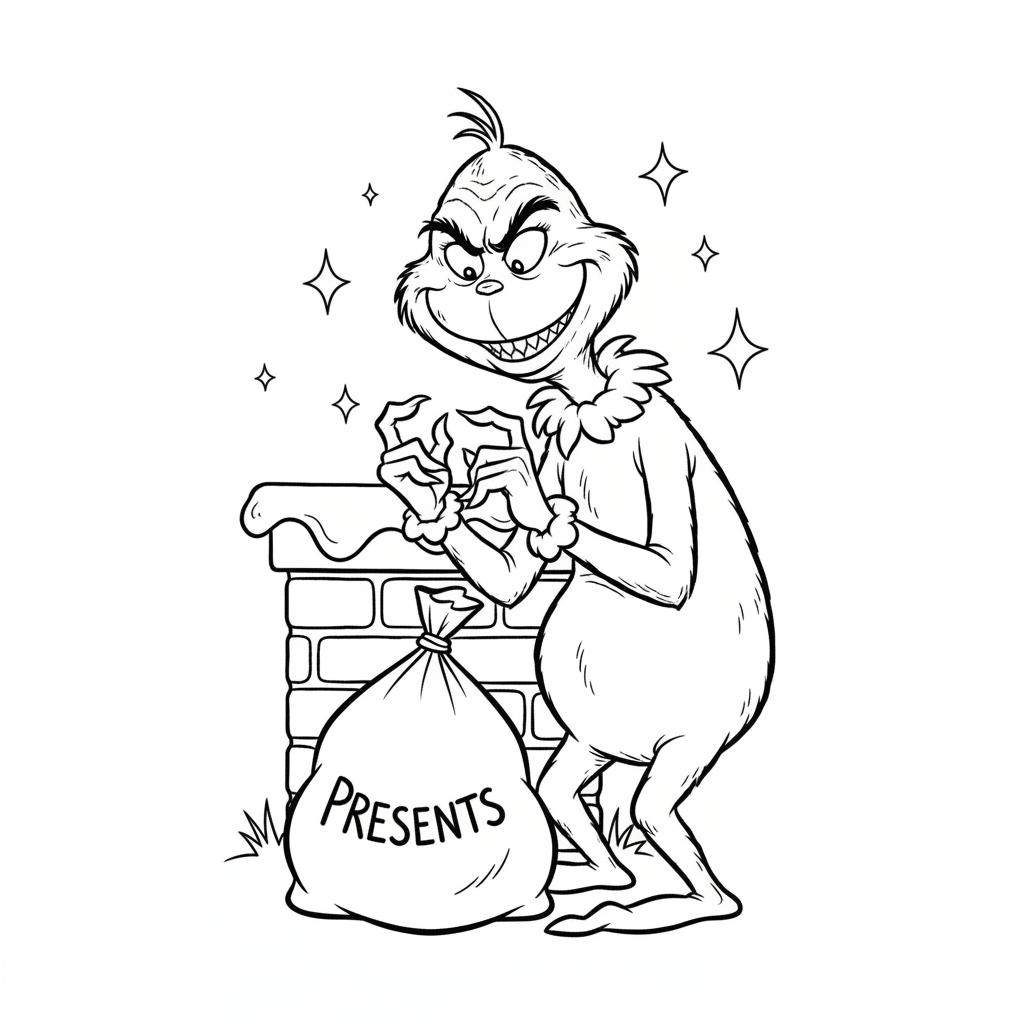 Grinchen med sitt karaktäristiska busiga flin, intrigerande ansikte - Gratis utskrivbar målarbild Grinchen med sitt karaktäristiska busiga flin, intrigerande ansikte - Gratis utskrivbar målarbild