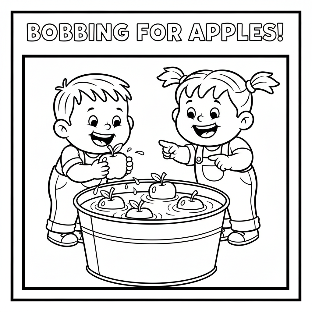Bobbing for apples party game water bucket - Free Printable Coloring Page