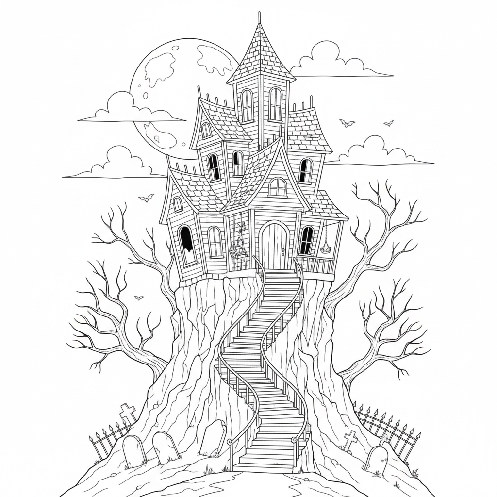 Maison hantée sur une colline la nuit - Coloriage gratuit à imprimer
