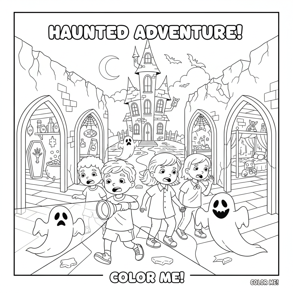 Haunted house tour with flashlight dark scary - Free Printable Coloring Page