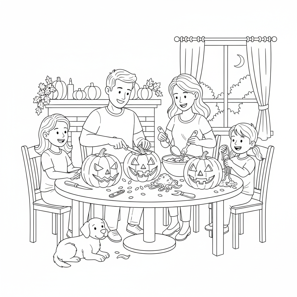 Pumpkin carving family fun scene knives seeds - Free Printable Coloring Page Pumpkin carving family fun scene knives seeds - Free Printable Coloring Page