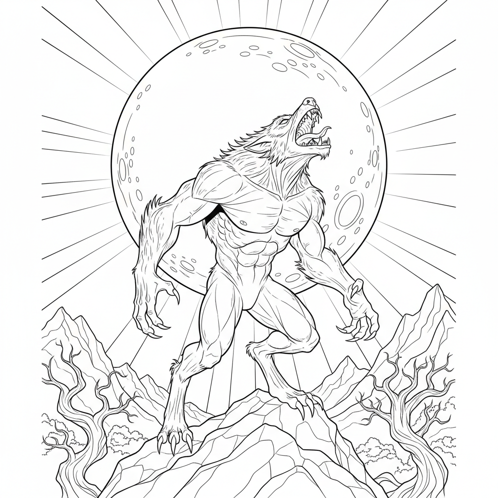 Werewolf Howling At Full Moon - Free Printable Coloring Page Werewolf Howling At Full Moon - Free Printable Coloring Page