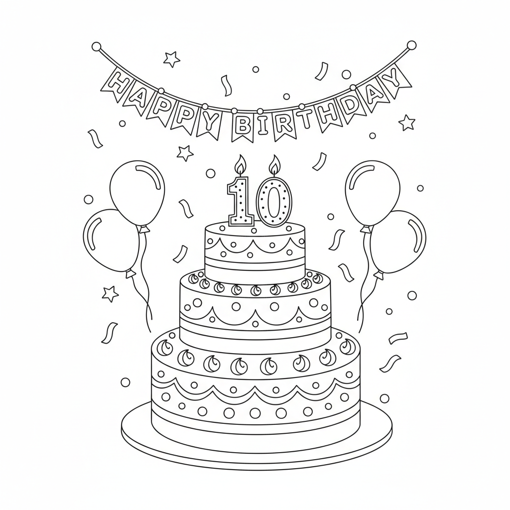 Birthday Cake With Number Candles And Happy Birthday Banner - Free Printable Coloring Page Birthday Cake With Number Candles And Happy Birthday Banner - Free Printable Coloring Page