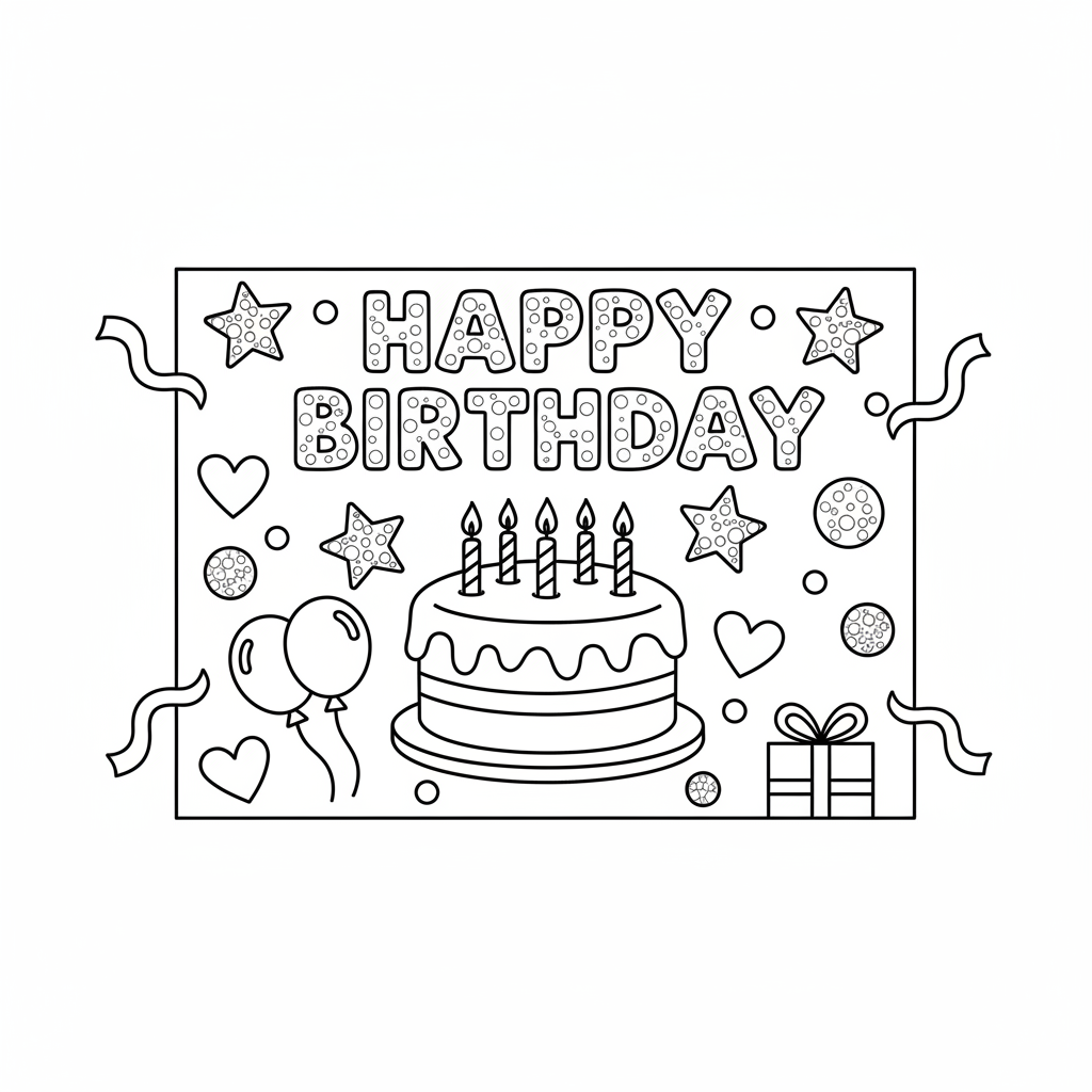 Birthday card handmade with glitter stickers and drawings - Free Printable Coloring Page