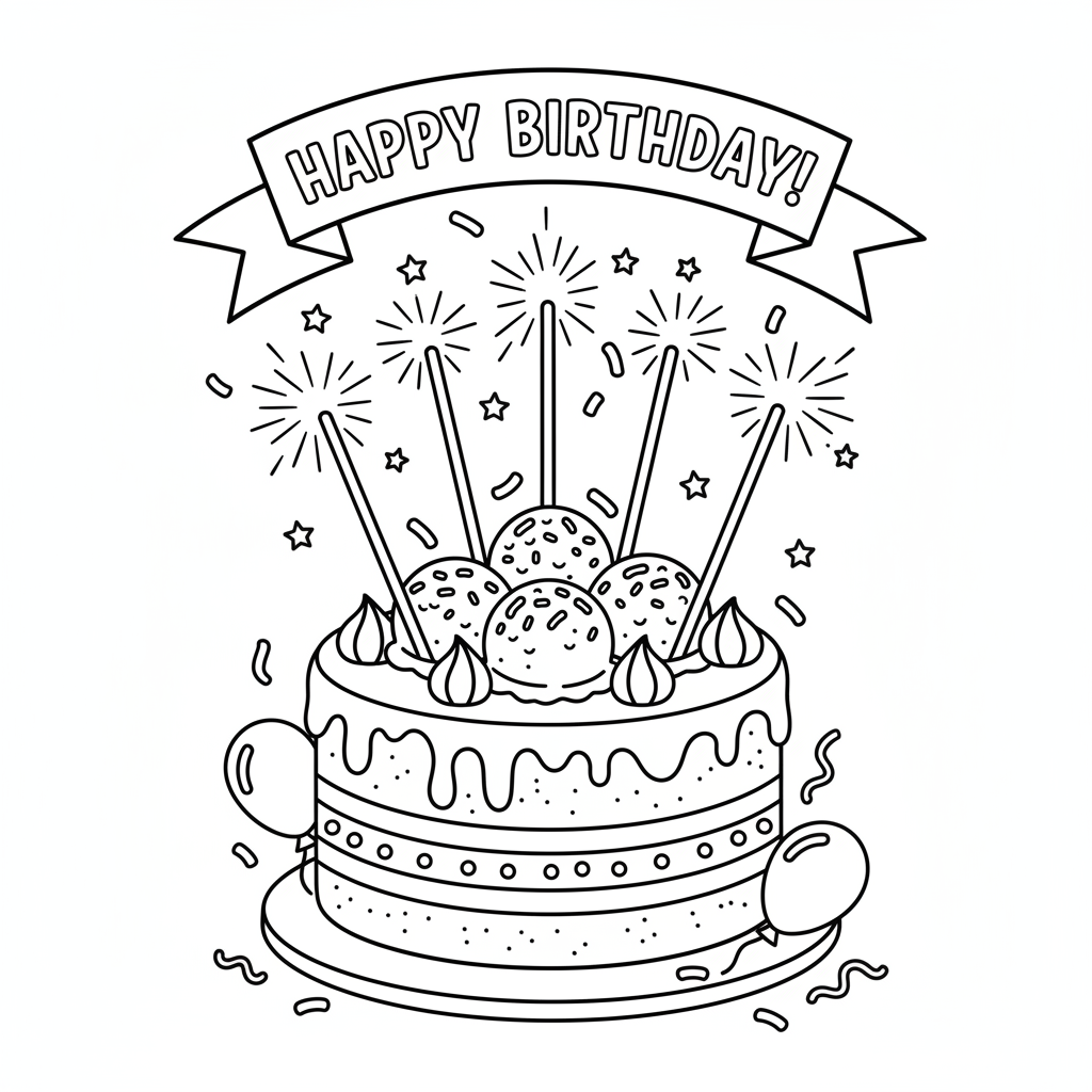 Birthday ice cream cake with sparklers lit celebration - Free Printable Coloring Page