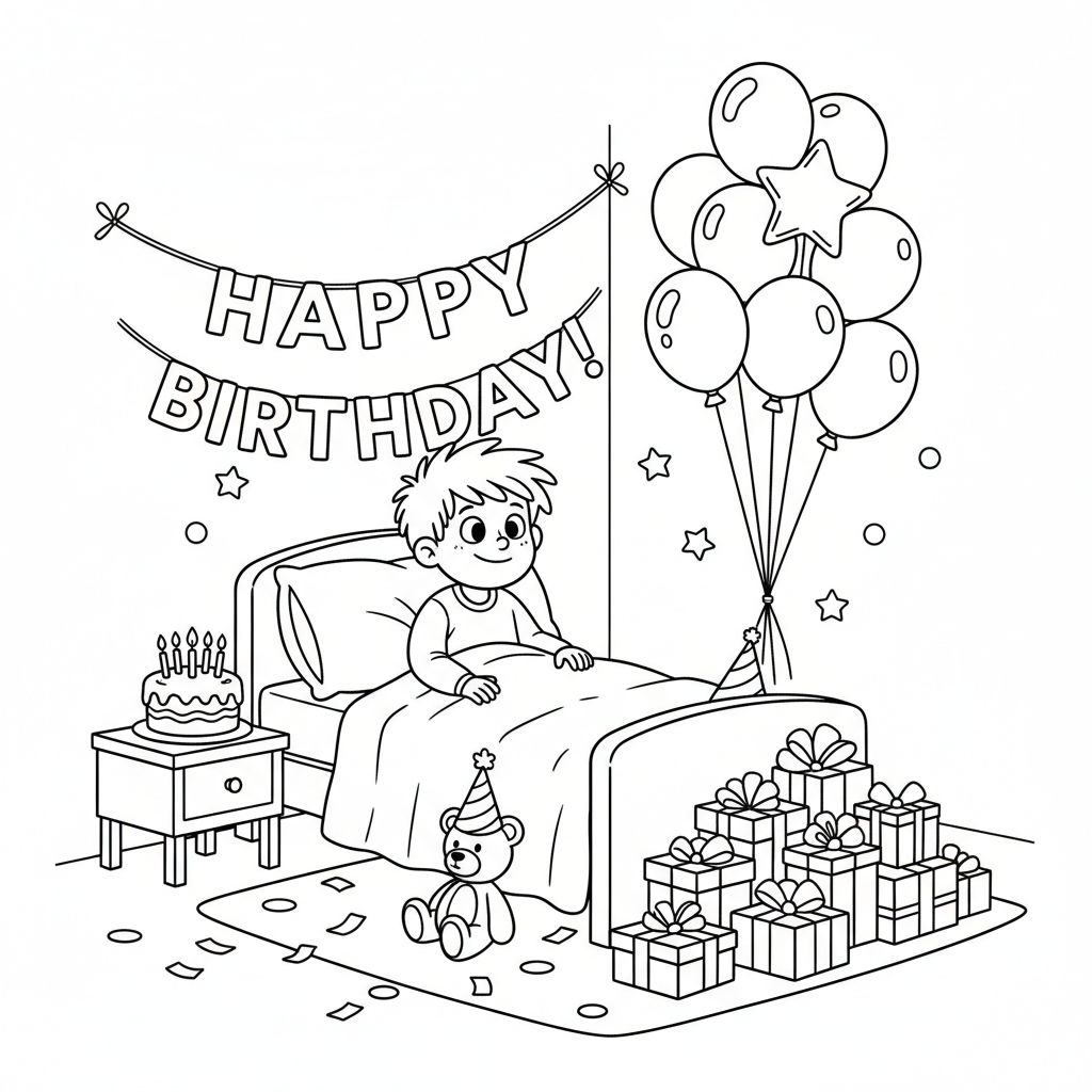 Birthday morning kid waking up to decorated bedroom surprise - Free Printable Coloring Page