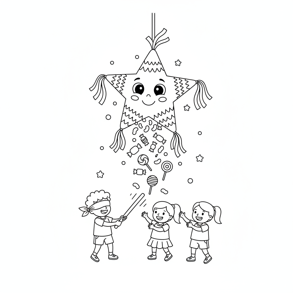 Birthday party pinata shaped like star candy falling - Free Printable Coloring Page