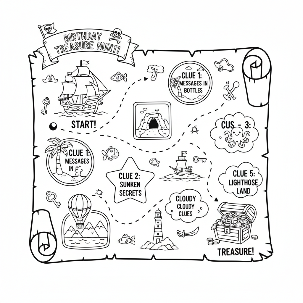 Birthday pirate treasure hunt map with clue stations - Free Printable Coloring Page
