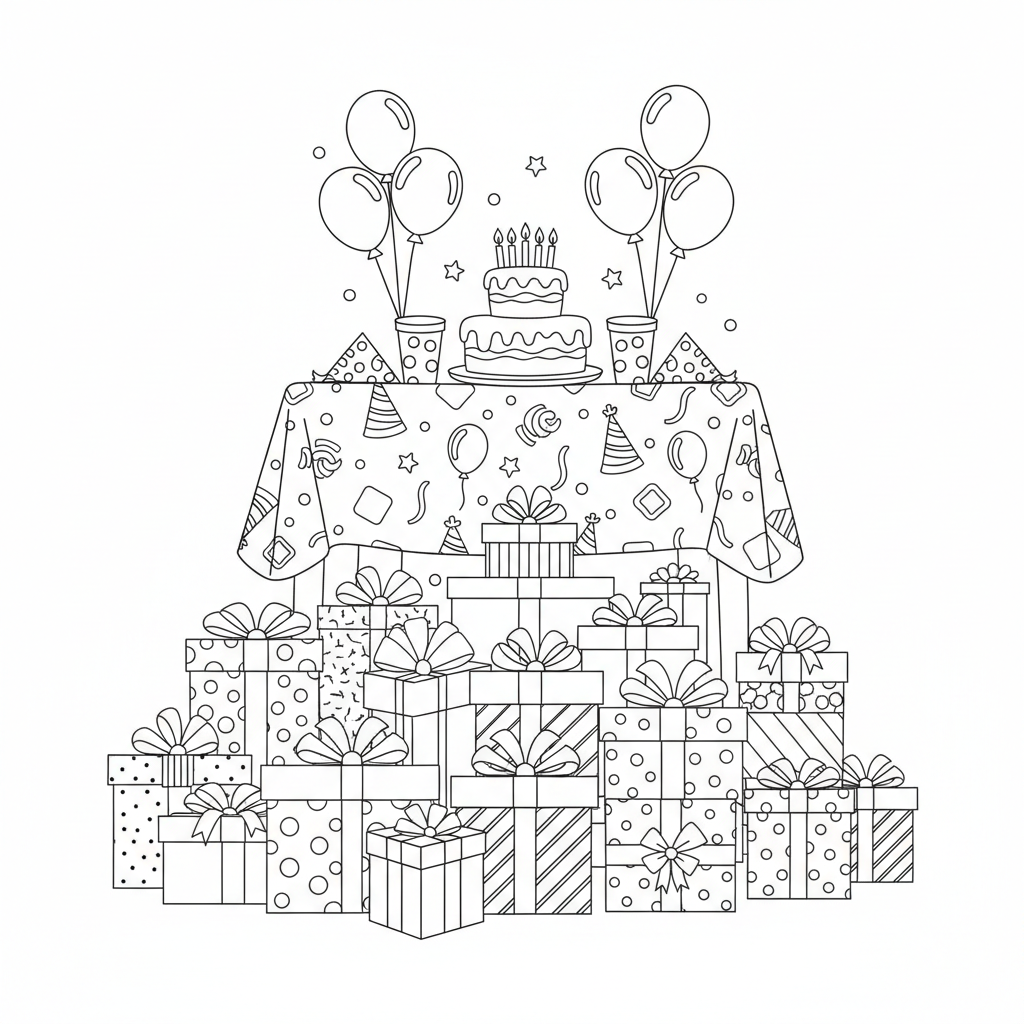 Birthday Present Pile Under Decorated Party Table - Free Printable Coloring Page Birthday Present Pile Under Decorated Party Table - Free Printable Coloring Page