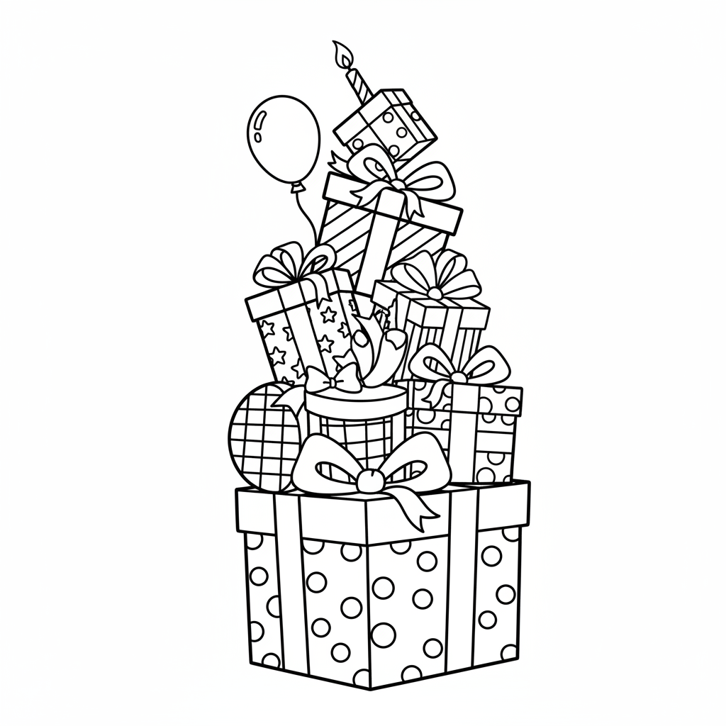 Ein Turm aus hochgestapelten Geburtstagsgeschenken, bunt verpackten Schachteln - Kostenloses druckbares Ausmalbild